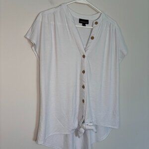 FORTUNE & IVY Short Sleeve Button Up Shirt Womens L White Tie Front Hi Lo